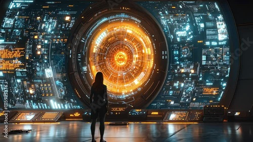 Cyberpunk Enigma: Woman facing futuristic technology interface 