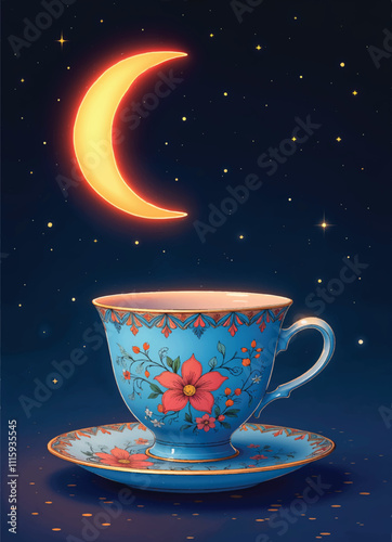 vector of a blue cup and saucer with a flower on it and a crescent moon with stars on the night sky