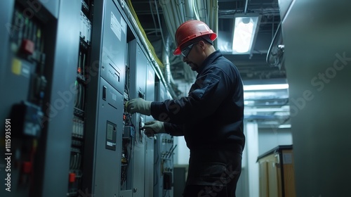 An electrician maintaining a commercial buildingas electrical system, checking light switches photo