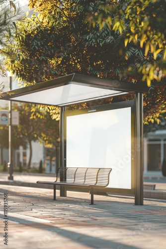 A modern city bus shelter with a clear glass roof and shaded bench under a tree, set against the backdrop of an urban landscape.