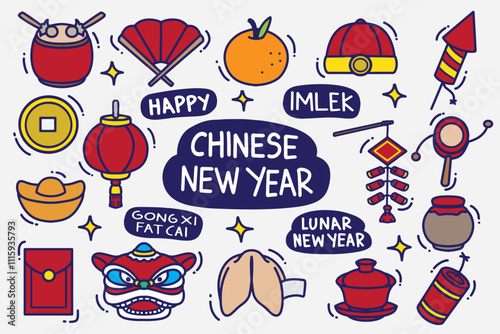 set of chinese new year doodles color good for background, wallpaper, element design, icon, etc