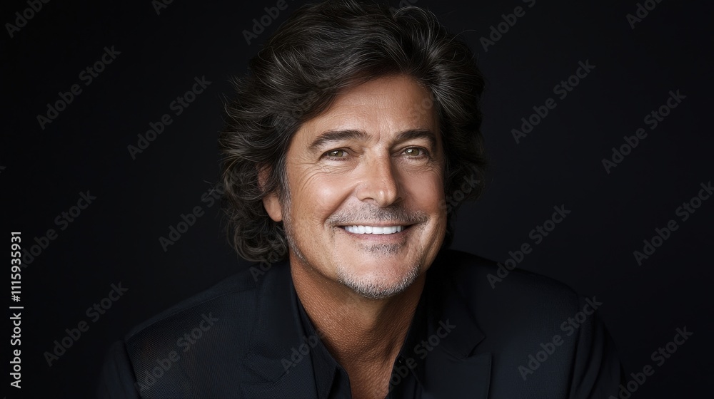 Obraz premium Happy Middle Aged Man Portrait Smiling Studio Shot Dark Background Casual Business P