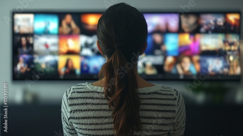 A woman accesses OTT content using her smart TV at home. Generative Ai