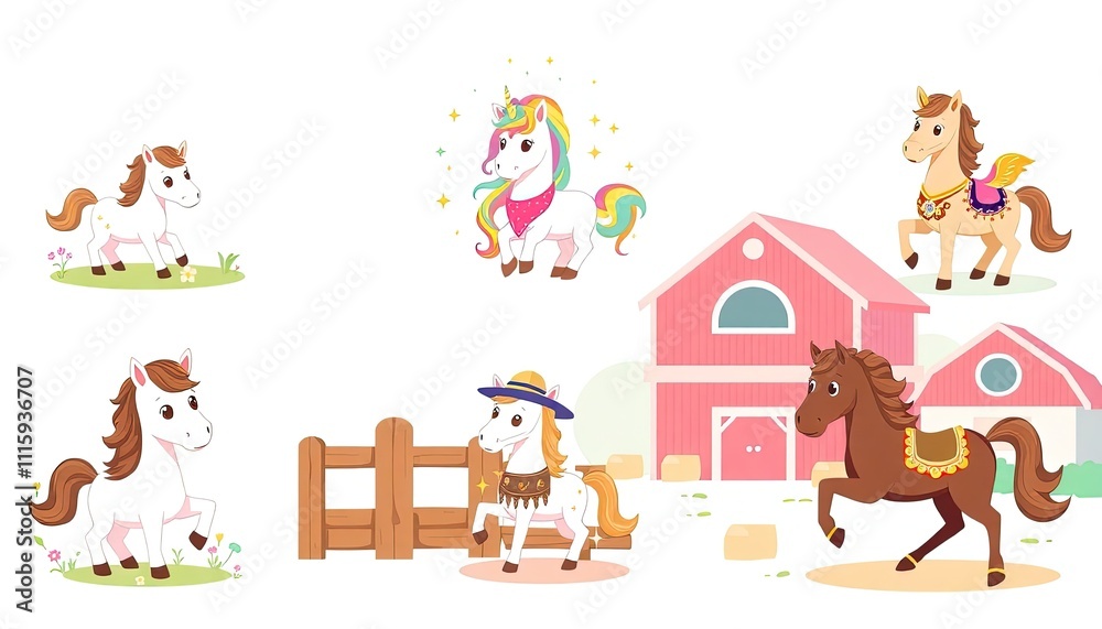 Naklejka premium set of funny cartoon ponies. delightful collection features a range of cute illustrated ponies, perfect for children's content, educational materials, and whimsical designs.