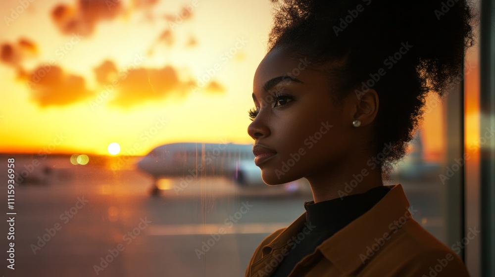 Fototapeta premium Caught in a moment of reflection, a young traveler watches a vibrant, golden sunset from the airport. The horizon glows as planes prepare for departure, making the wait more serene