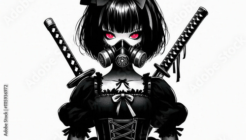 a woman in a black dress with glowing red eyes wearing a respirator mask with two katana behind her back photo