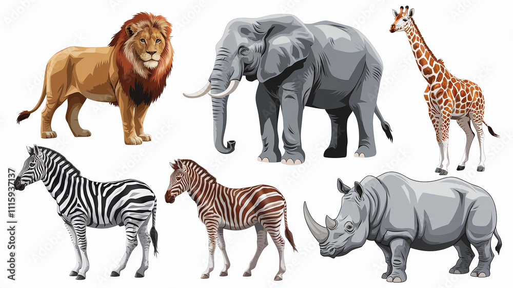 Obraz premium African Wildlife Collection Lion, Elephant, Giraffe, Zebras, Rhino