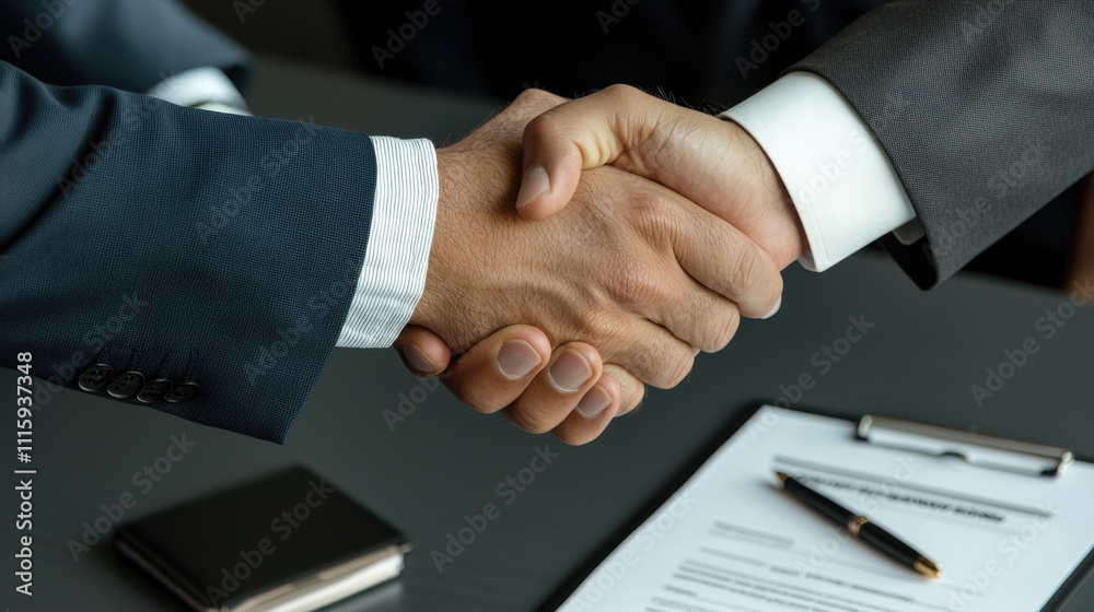 Capitalism. A close-up of two hands shaking, symbolizing agreement or partnership, with a document and smartphone on the table, indicating a business or professional setting. Capitalism. A close-up of two hands shaking, symbolizing agreement or partnership, with a document and smartphone on the table, indicating a business or professional setting.