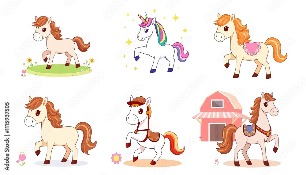 Obraz premium set of funny cartoon ponies. delightful collection features a range of cute illustrated ponies, perfect for children's content, educational materials, and whimsical designs.