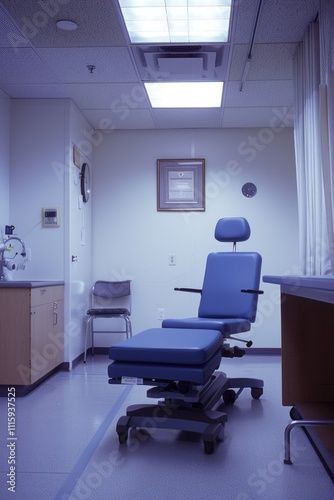 This image depicts a clean and modern waiting room of a dental clinic. The room is equipped with multiple seating chairs for patients, and a reception desk can be seen in the background. photo