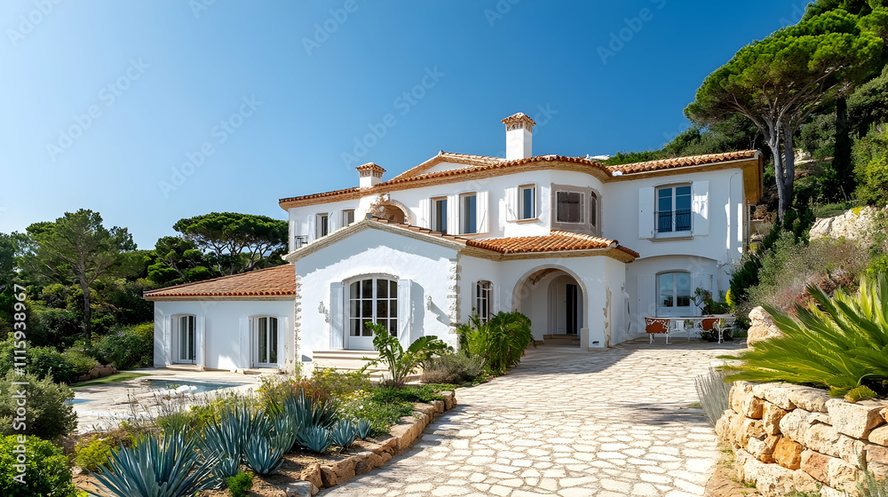 Fototapeta premium Mediterranean Villa Home with Terracotta and Arches, Santa Barbara Estate