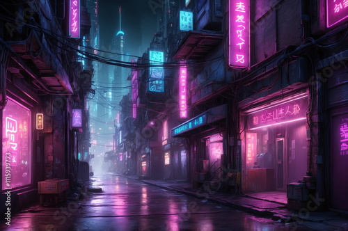 Cyberpunk futuristic night street illustration, with colorful abstract neon lights architecture and buildings. 