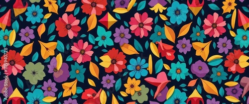 A colorful floral pattern with yellow and blue colors. The flowers are arranged in a way that they look like they are in a vase. The pattern is very vibrant and lively, giving off a cheerful
