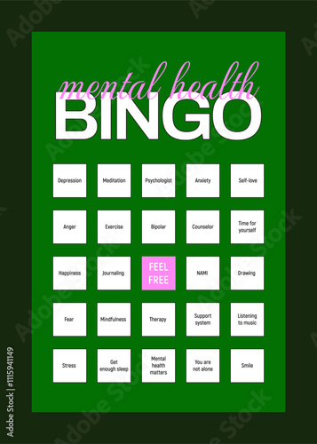 mental health bingo cards, vector format set