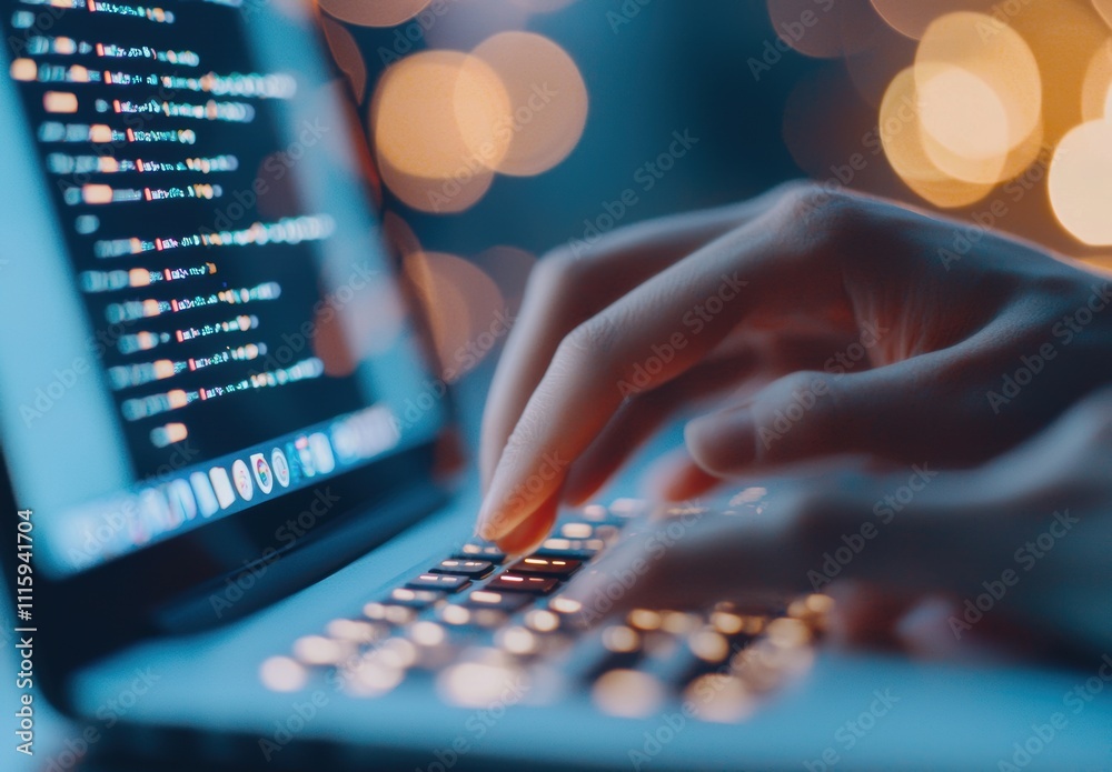 Fototapeta premium Close-Up of Hand Typing on Laptop with Blurred Lights Background