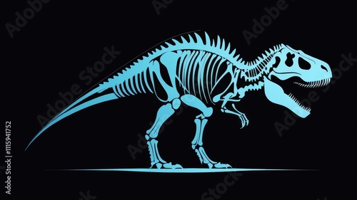 A T rex skeleton displayed prominently against a stark black background, highlighting its impressive size and structure.