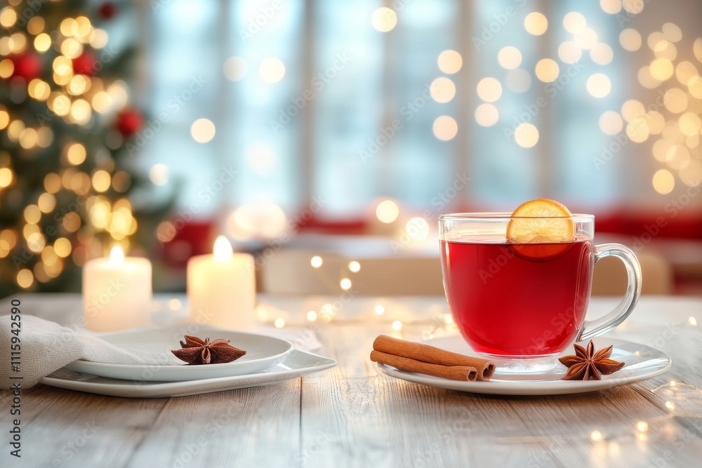 Una taza de bebida caliente roja con canela y anís, colocada sobre una mesa decorada con luces y velas.
Una taza de bebida caliente roja con canela y anís, colocada sobre una mesa decorada con luces y velas.