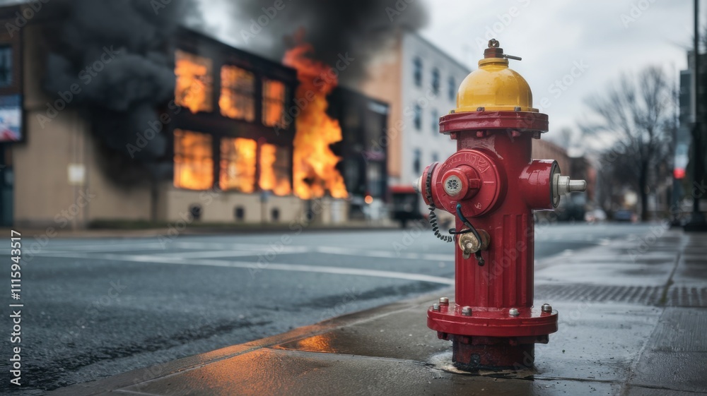 Fototapeta premium A red fire hydrant in front of a burning building, with smoke billowing into the sky.