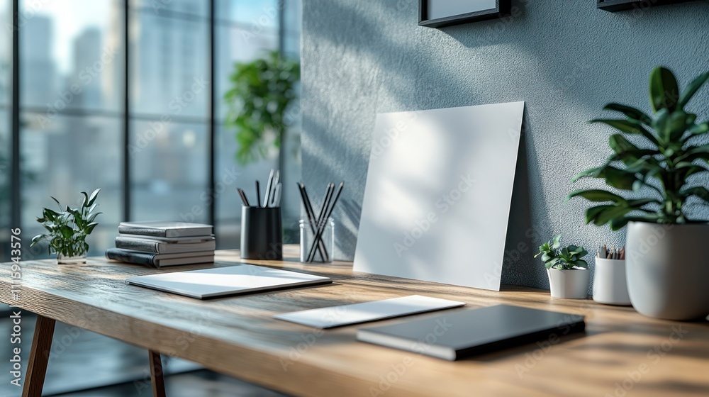 Fototapeta premium Modern workspace with blank canvas, stationery, and plants.