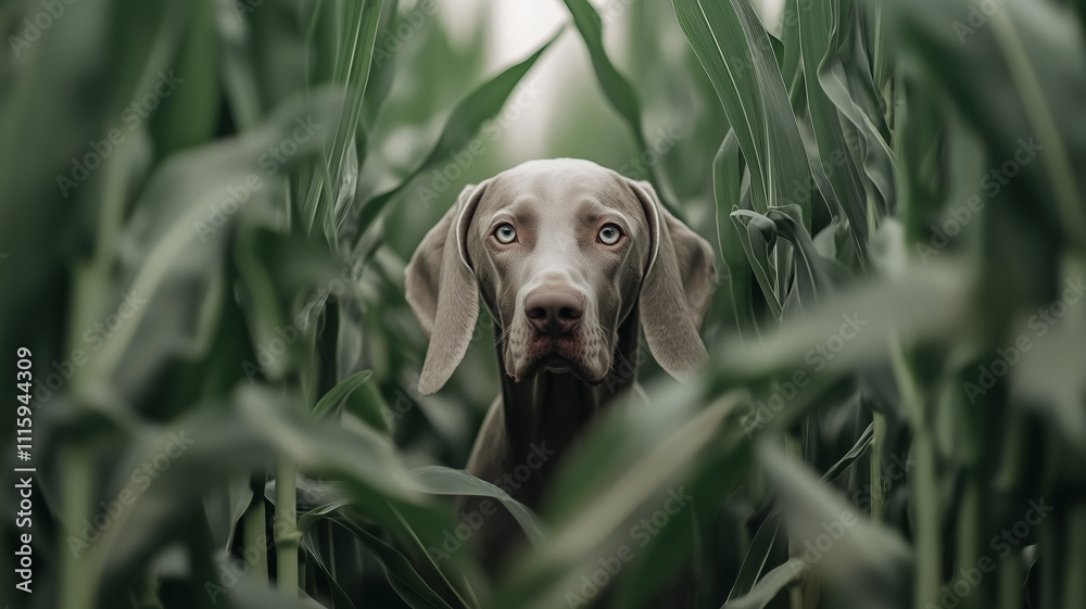 Weimaraner dog between the big leaves of a corn field in springtime.