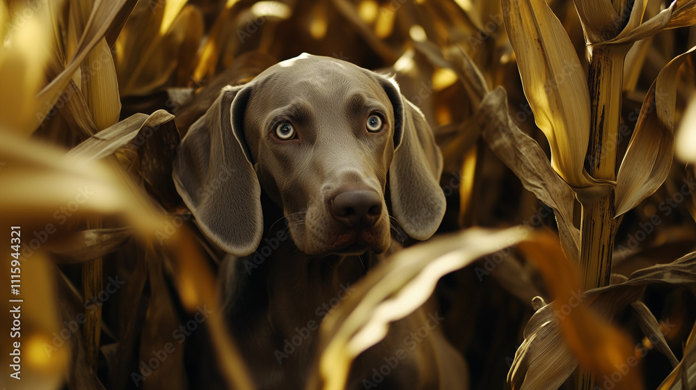 Weimaraner dog in corn field in autumn during golden hour.