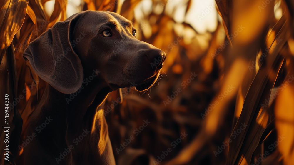 Weimaraner dog in corn field in autumn during golden hour.