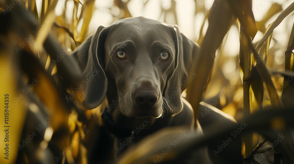 Weimaraner dog between the big leaves of a corn field in springtime.