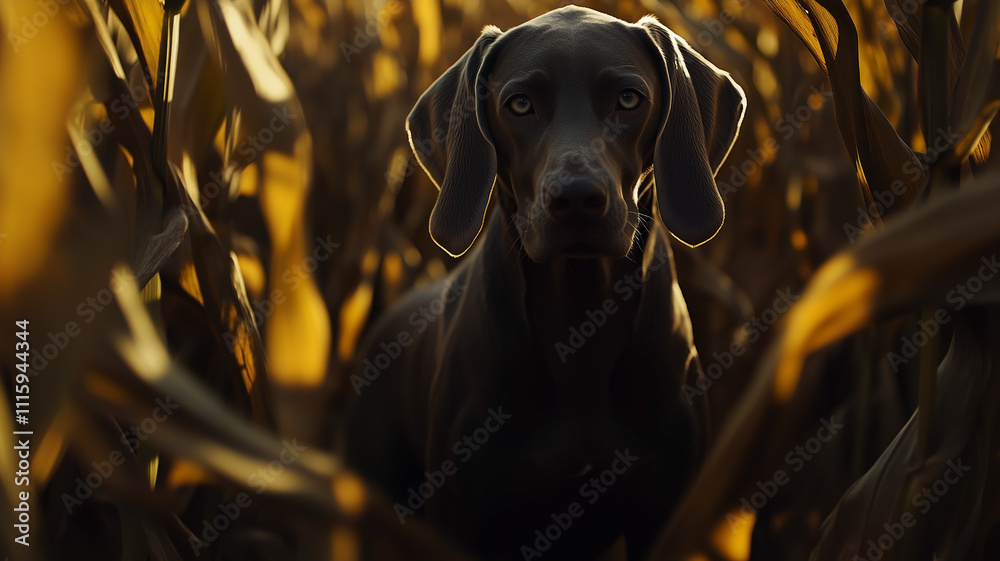 Weimaraner dog in corn field in autumn during golden hour.
