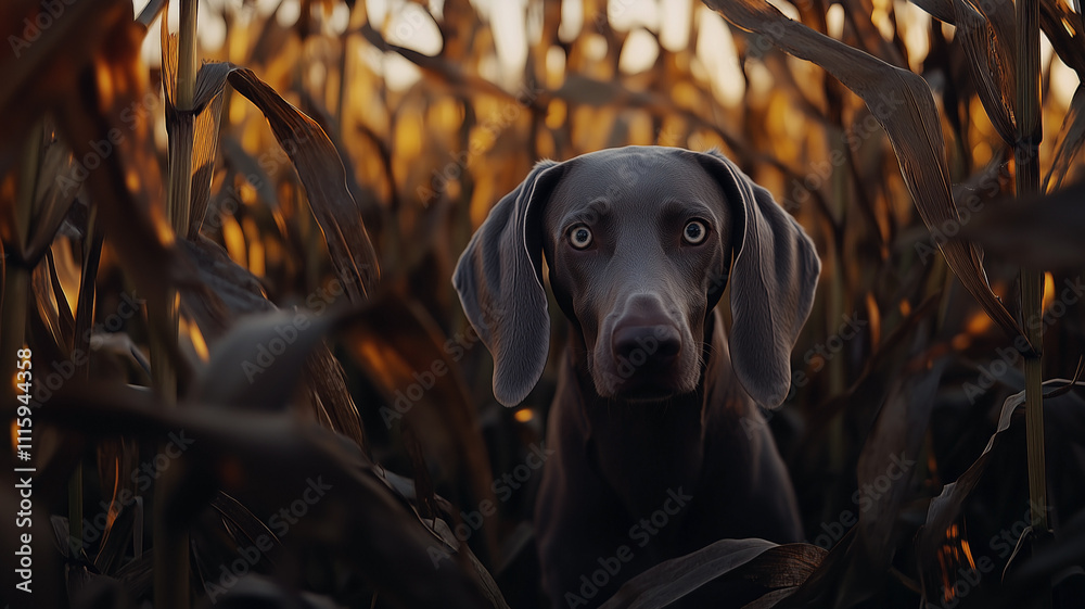 Weimaraner dog in corn field in autumn during golden hour.