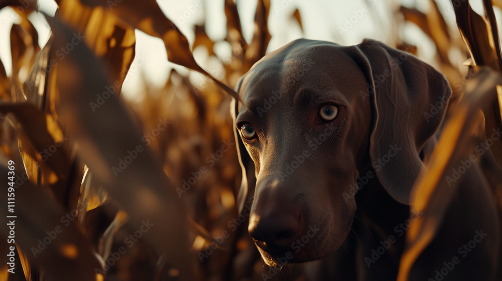 Weimaraner dog in corn field in autumn during golden hour.