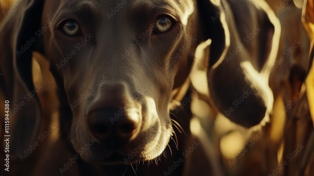 Weimaraner dog in corn field in autumn during golden hour.