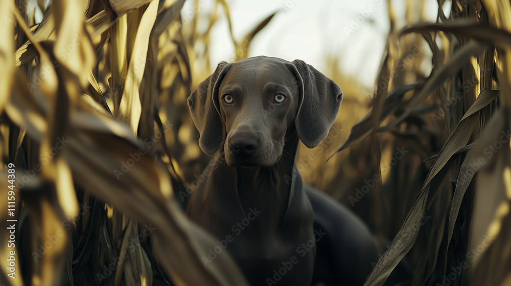 Weimaraner dog between the big leaves of a corn field in springtime.