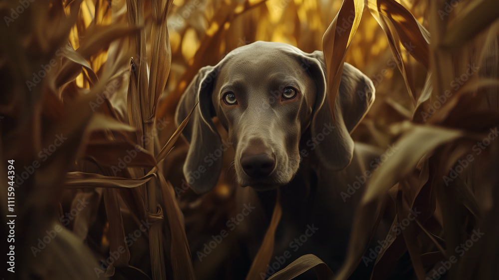 Weimaraner dog in corn field in autumn during golden hour.