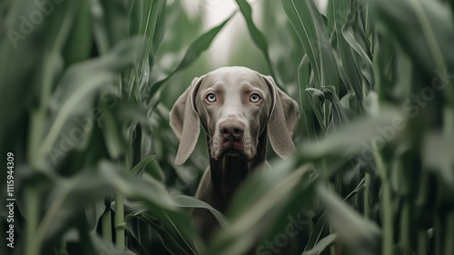 Obraz na płótnie Weimaraner dog between the big leaves of a corn field in springtime. w salonie