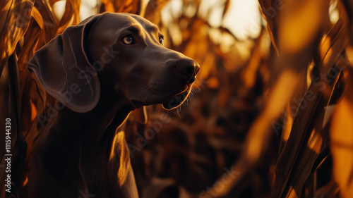 Obraz na płótnie Weimaraner dog in corn field in autumn during golden hour. w salonie