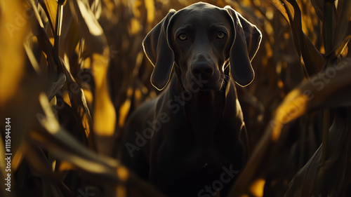 Obraz na płótnie Weimaraner dog in corn field in autumn during golden hour. w salonie