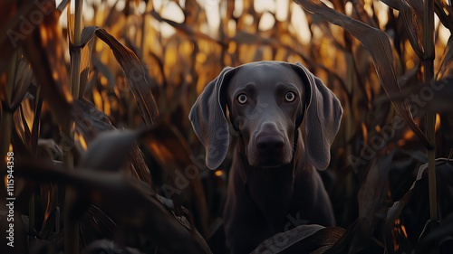 Obraz na płótnie Weimaraner dog in corn field in autumn during golden hour. w salonie