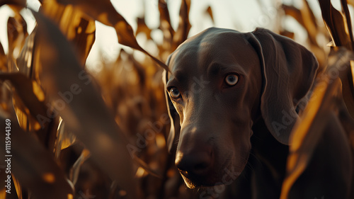 Obraz na płótnie Weimaraner dog in corn field in autumn during golden hour. w salonie