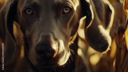 Obraz na płótnie Weimaraner dog in corn field in autumn during golden hour. w salonie