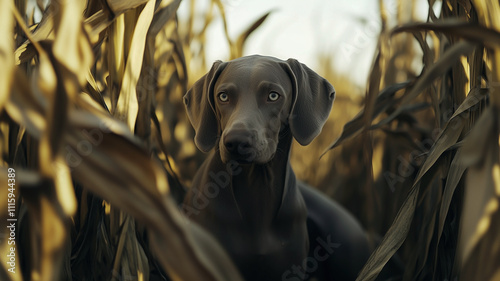 Obraz na płótnie Weimaraner dog between the big leaves of a corn field in springtime. w salonie