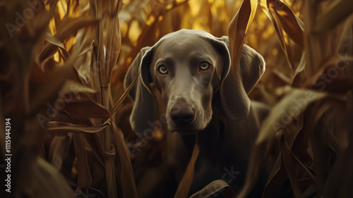 Obraz na płótnie Weimaraner dog in corn field in autumn during golden hour. w salonie