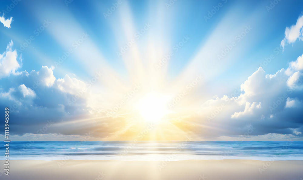 Obraz premium Serene sunrise over tranquil ocean waves, radiant sunbeams pierce through fluffy clouds, creating a breathtaking coastal panorama. Ideal for travel, vacation, or relaxation themes.