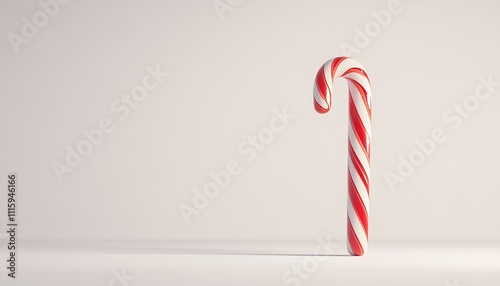 A single red and white striped candy cane stands upright against a plain background.
