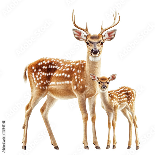 Antlered deer and fawn isolated on  transparent  background. photo