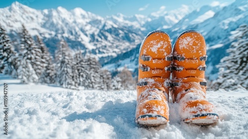 Bright orange ski boots resting in snowy mountains, showcasing a winter sports scene.