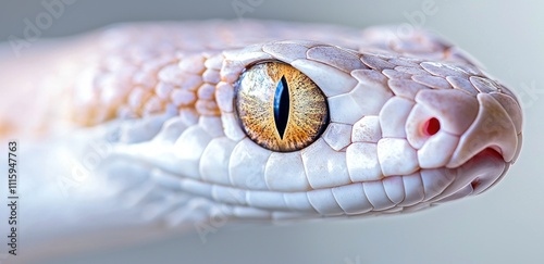 Close-up of a white albino snake with golden eyes and detailed scales
