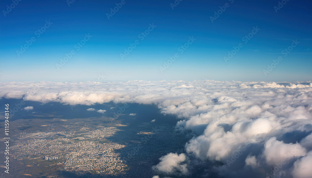 Fototapeta premium A stunning aerial view shows fluffy white clouds floating above Earth's landscape against a deep blue sky.