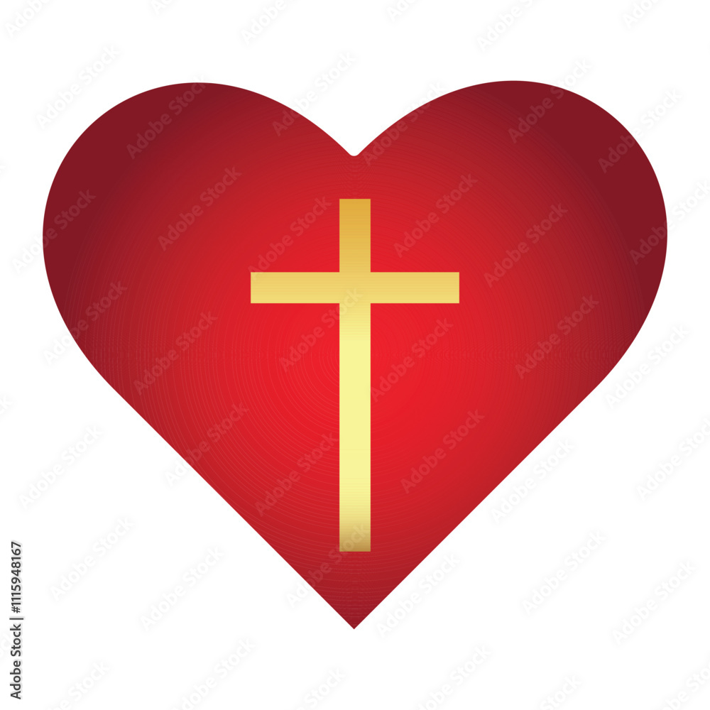 Obraz premium Red heart with gold cross inside. Jesus love symbol. God vector illustration. Catholic symbol flat vector, golden cross inside a heart. Symbol of Christian cross inside heart shape.