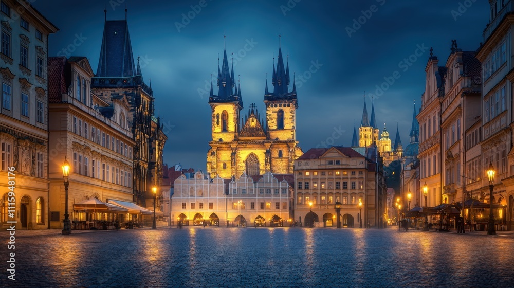 Fototapeta premium A twilight view of a historic square featuring illuminated Gothic architecture.