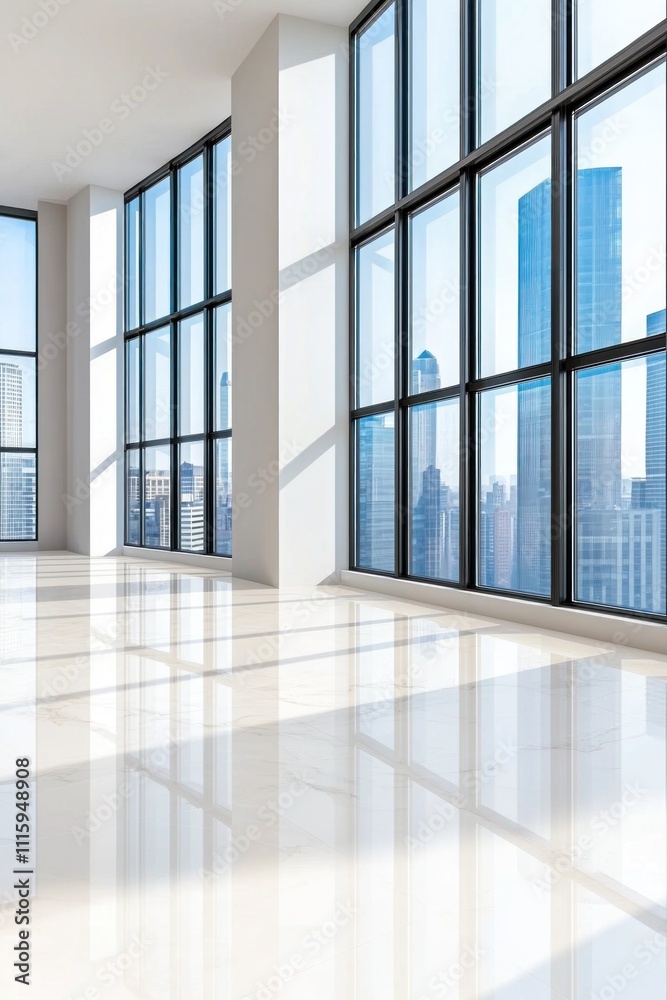 Fototapeta premium Modern empty office space with large windows overlooking city skyline